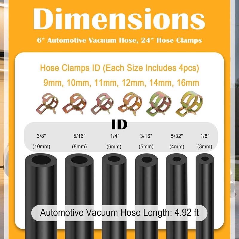 VKQTS 6 قطع خرطوم سيليكون فراغ 5 قدم للسيارات، مجموعة خطوط فراغ السيارات تشمل ID 3/8"، 5/16"، 1/4"، 3/16"، 5/32"، 1/8"، مجموعة خرطوم فراغ احترافية لنقل الماء/الهواء - Image 2